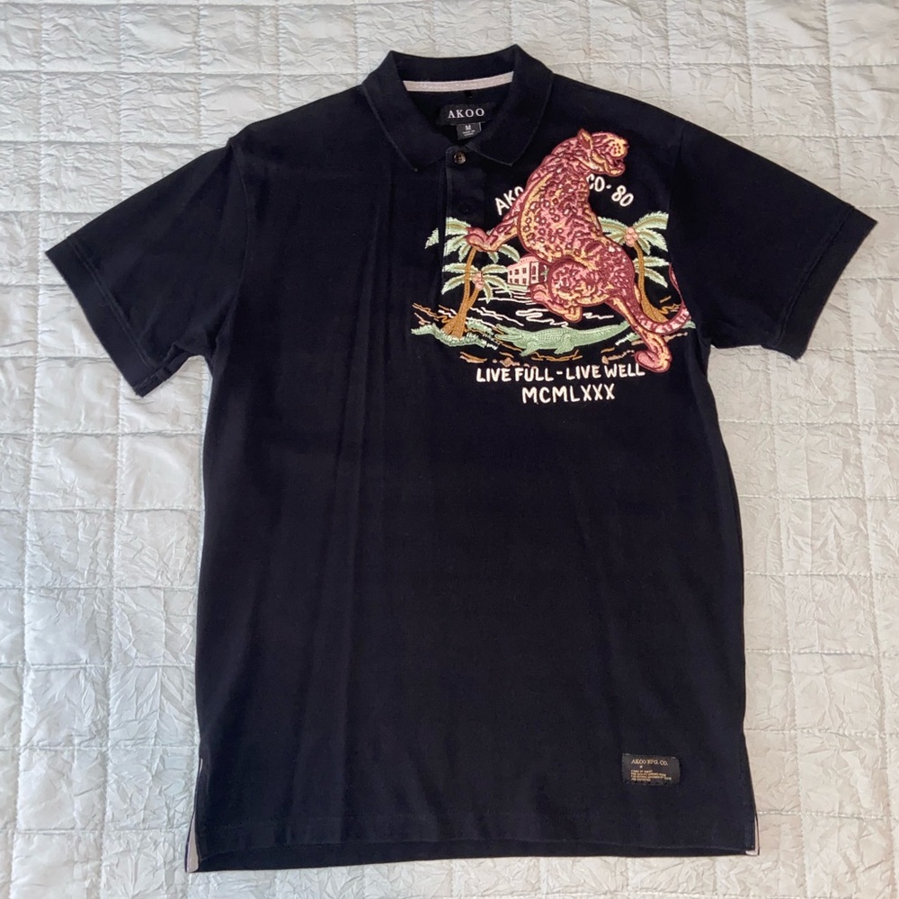 Akoo Polo Black Leopard Rio de Janeiro Brazil Embroidered Sz. Medium